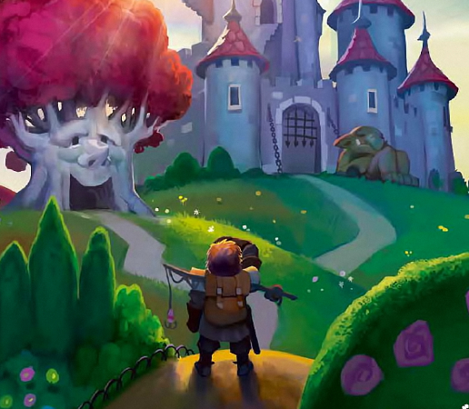 Illustration numérique d'un aventurier se tenant au pied d'un château