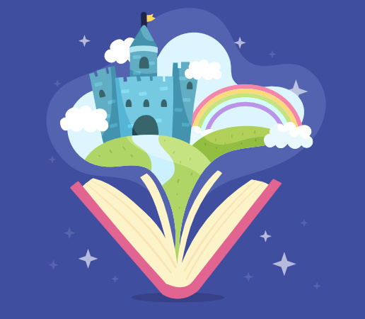 Illustration vectorielle d'un livre ouvert dont s'échappe un château fort et un arc-en-ciel