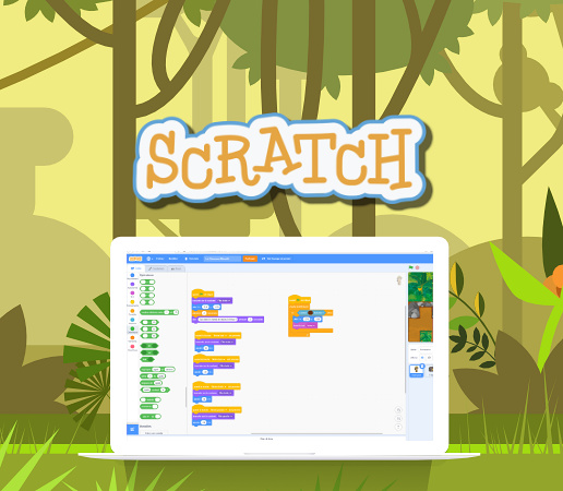 Illustration vectorielle d'un macbook ouvert sur la page de Scratch, avec en arrière plan une jungle.
