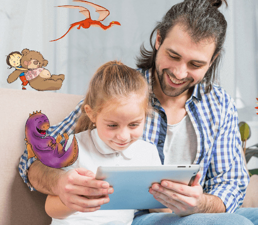 Photographie d'une petite fille avec son père qui lisent sur tablette