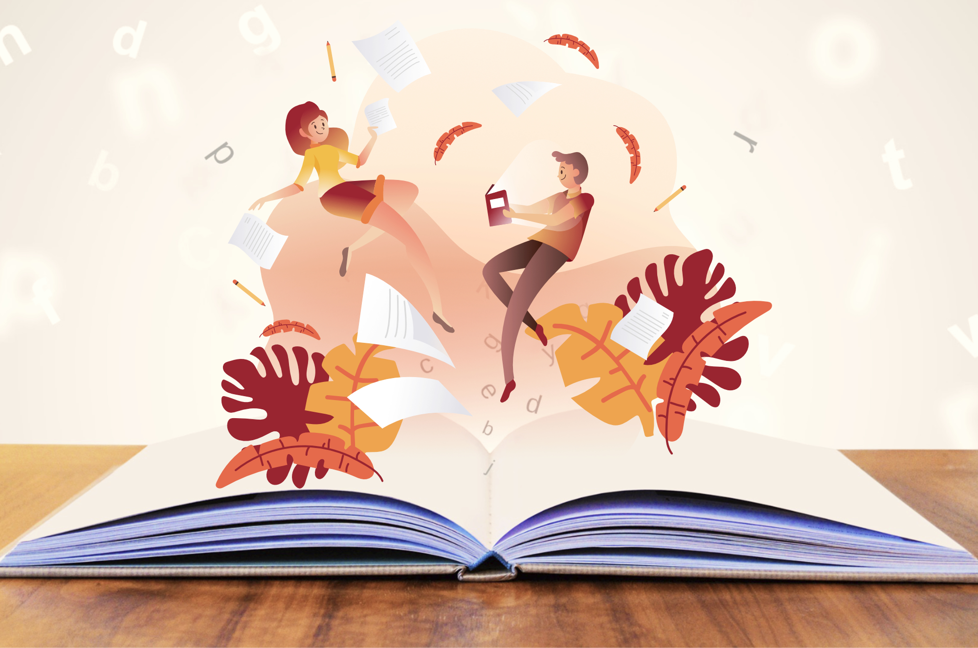 Illustration d'un livre ouvert d'où s'envolent une femme et un homme en train de lire