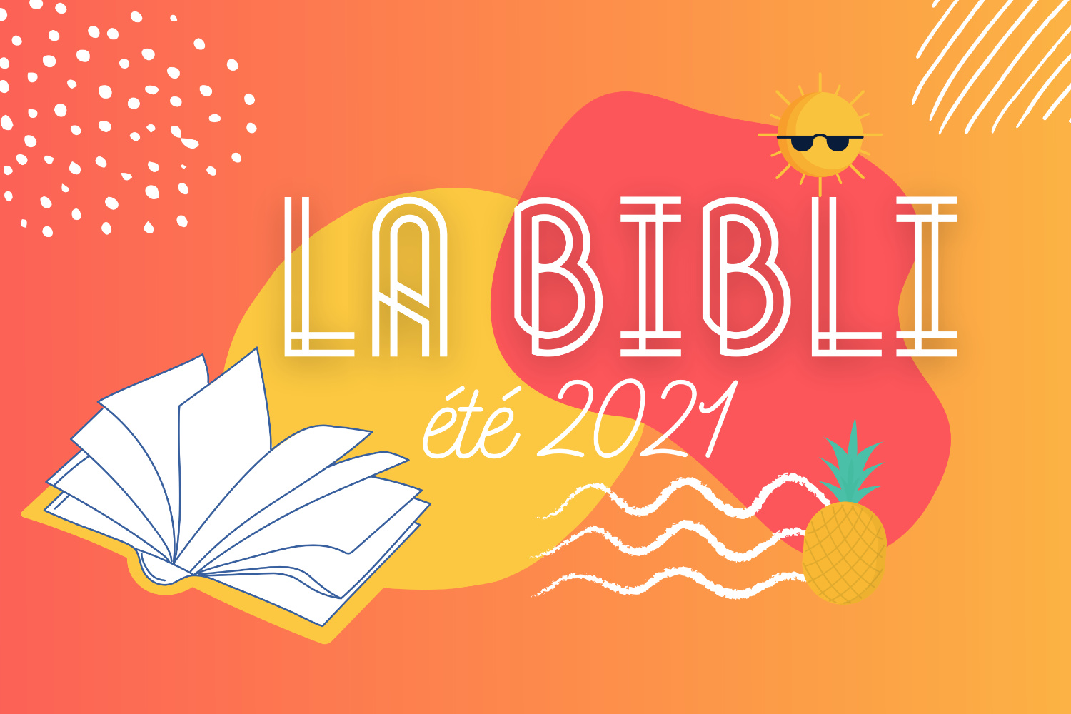 Illustration colorée en rouge et jaune avec le logo de La Bibli, un soleil et ananas.