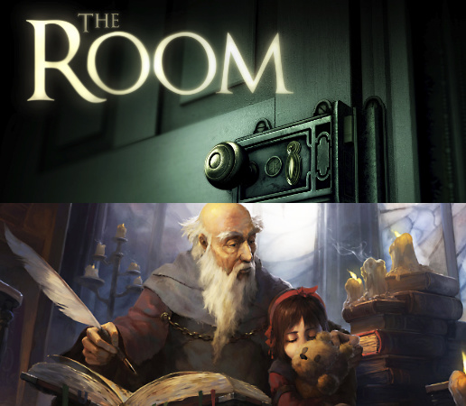 Illustration du jeu The Room en haut, et en bas d'un magicien avec une plume.