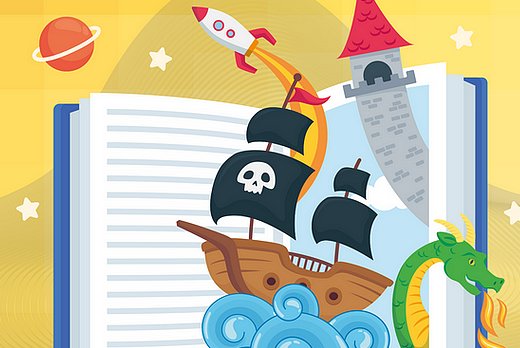 Illustration d'un livre ouvert avec bateau pirate, un dragon, une fusée et une tour sortant du livre.