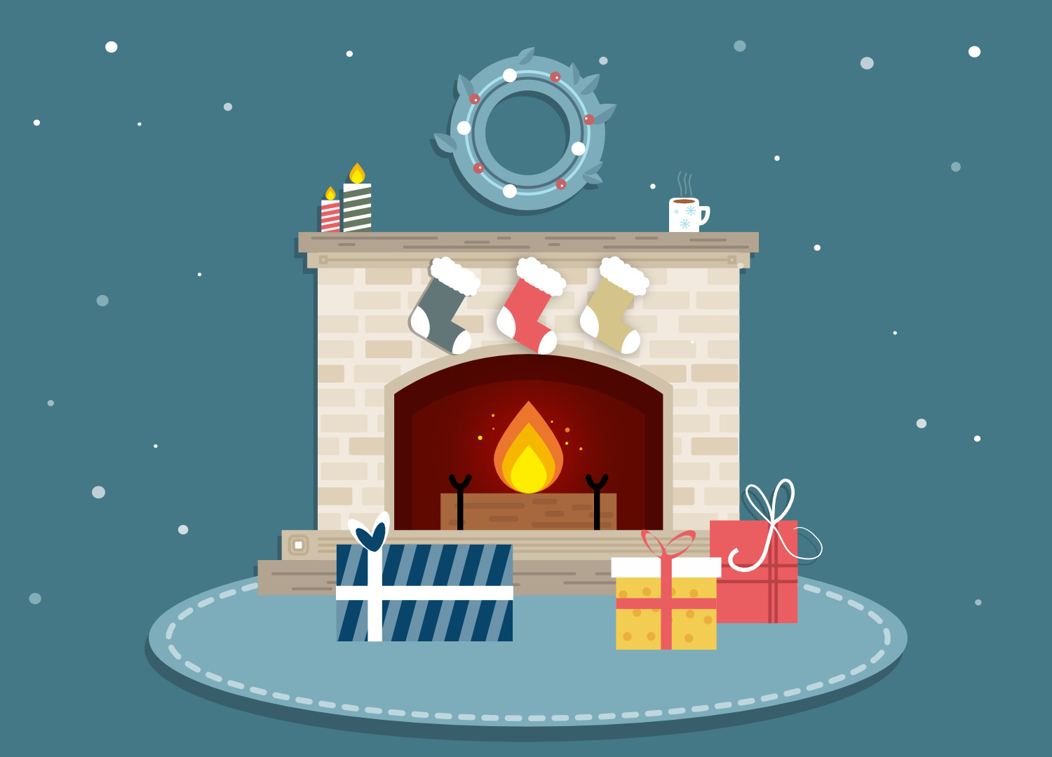 Illustration d'une cheminée allumée avec des cadeaux et des flocons de neige.