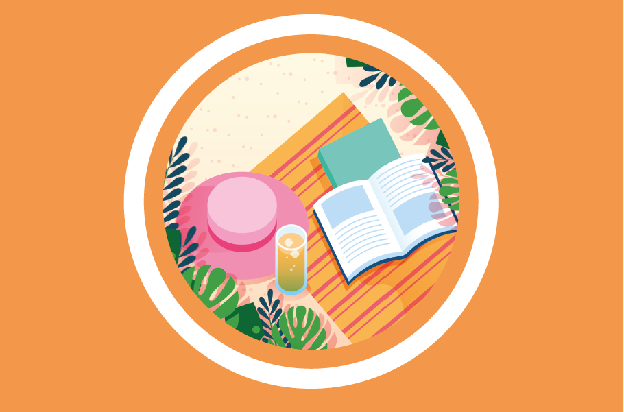 Illustration d'un livre géant entouré d'une pile de livres et de trois personnages